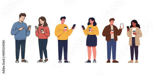 Diverse group using smartphones and holding coffee