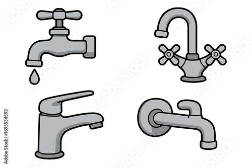 Various Faucet Designs Vector Illustration, Minimalist Cartoon Style, Different Tap Styles with Water Droplet, Modern and Classic Faucets, Plumbing and Water Supply Symbols