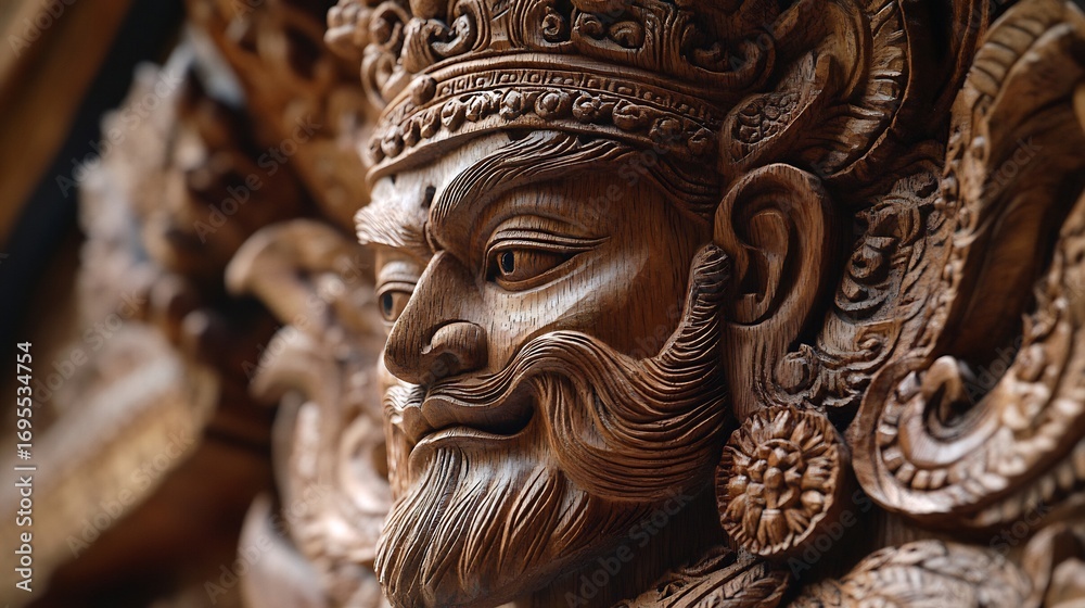 Obraz premium Intricate Wooden King: Detailed Carving in Rich, Warm Tones