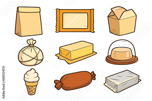 Various food coverings and wrappers in diverse shapes and designs, including bags, boxes, foil wraps, and ice cream cone packaging, vector cartoon illustration set with transparent background