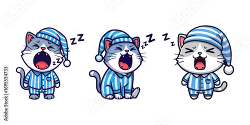 Cartoon cats sleepily yawn in striped pajamas