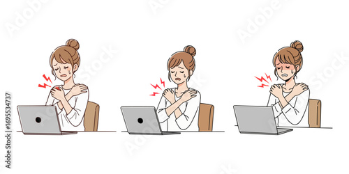 Three woman experience shoulder pain at computer