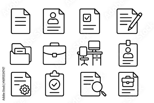 Job and office work line icon set. Business and career symbols. Contains icons as document, resume, portfolio, workplace, and recruitment. Editable stroke vector pictograms.