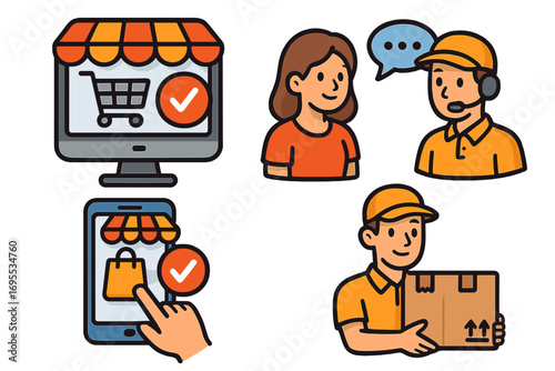 Shopping and delivery services icons set, e-commerce, online mobile shopping, customer interaction, order confirmation, delivery person with package, customer support, vector cartoon illustration