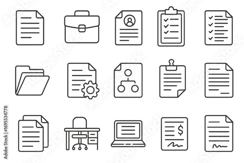 Business and office line icon set. Vector icons of document, resume, contract, report, checklist, folder, briefcase for web and app design. Editable stroke. UI UX symbols.