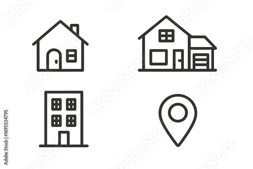 Simple line drawings of various home designs including single house, two-story house with garage, apartment building, and location marker on white background, vector cartoon illustration set