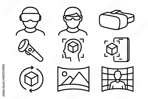 Virtual reality and augmented reality linear icon set with VR headset, smart glasses, controllers, 3D scanning, AR visualization, panoramic view and immersive digital experience