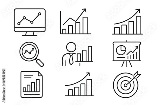 Analytics data icon set. Business growth charts. Linear symbols for finance report, marketing strategy, success. Vector progress graph, target goal, presentation icons.