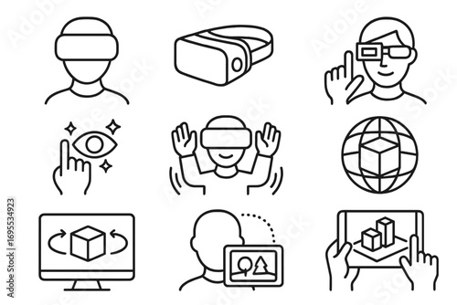 Virtual reality and augmented reality linear icon set, VR headset, mixed reality, 3D visualization, immersive technology, digital interaction, futuristic interface, transparent background vector
