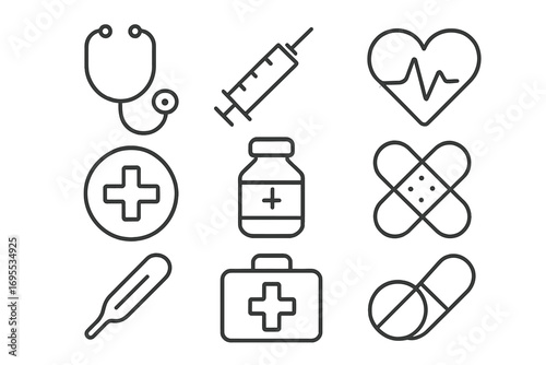 Minimalist medical icons set with stethoscope, syringe, heartbeat, cross, medicine bottle, thermometer, first aid kit, bandages, and pills in simple line art, vector illustration
