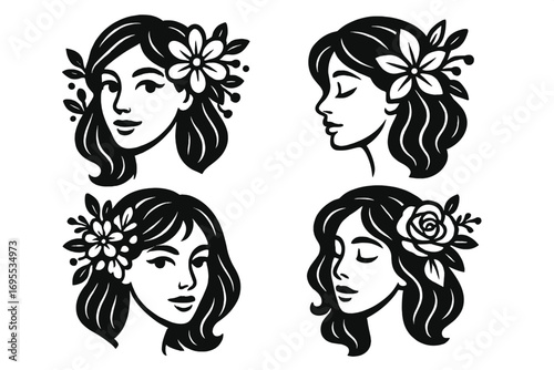 Stylized black and white line art vector set of women’s faces with floral and leaf decorations, elegant cartoon portraits, feminine beauty illustrations, transparent background