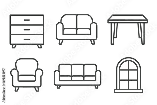 Furniture line icon set. Minimal interior design symbols. Vector collection of editable stroke icons like sofa, couch, table, armchair, dresser, window for web and app design.