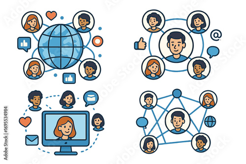 Visual representations of digital social networks and interconnected communication, cartoon vector illustration with diverse people icons, global connection, online community, social media concept