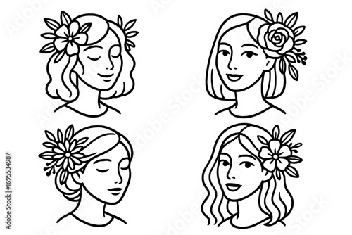 Stylized line art women faces with floral embellishments, flower hair accessories, leaves, cartoon vector illustration, transparent background, elegant feminine portraits, beauty icons set