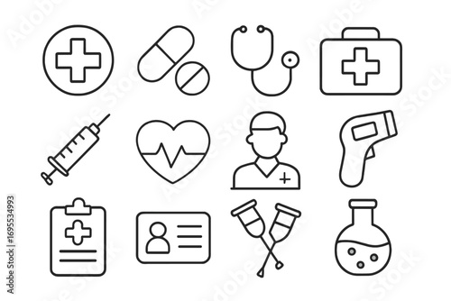 Health care and medicine line icon set. Simple pictograms for medical services, hospital, pharmacy. Vector symbols for doctor, pills, heartbeat, diagnosis. Editable stroke for web.