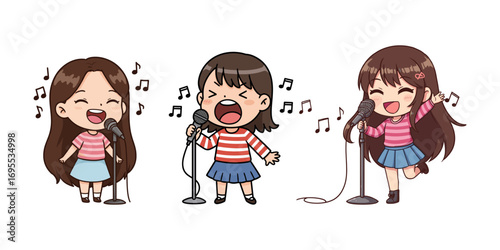 Three cartoon girls joyfully sing into microphones