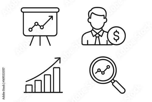 Analytics outline icon set. Business data analysis, finance growth, investment success, market research. Vector linear pictograms for presentation, chart, report, web, apps.