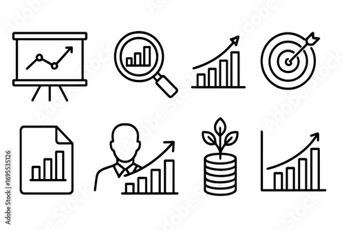 Business analytics outline icon set. Data analysis, investment growth, and financial success symbols. Vector linear pictograms of progress, charts, reports and targets.