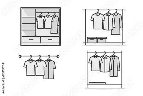 Minimalist wardrobe design concepts featuring modern clothing storage solutions with hangers, shirts, jackets, shelves, and boxes in sleek vector cartoon illustration set