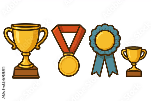 Symbols of achievement including golden trophies, medals, and blue ribbons representing success, victory, and awards in various competitions, vector cartoon illustration transparent background