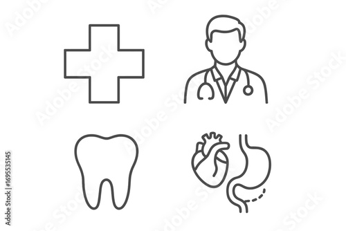 Medical and healthcare line icon set. Linear pictograms of doctor, medical cross, tooth, heart, stomach, internal organs. Editable stroke symbols for web, app, UI design.