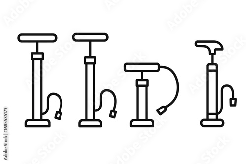 Bicycle pump icon set. Air pump for bike tire inflation. Vector line art illustration. Minimalist black and white outline symbols for cycling equipment and repair service.