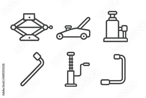 Car jack tools line icon set for automotive service and repair. Vector illustration of various jacks like scissor, floor, and bottle jacks. Vehicle lifting equipment.
