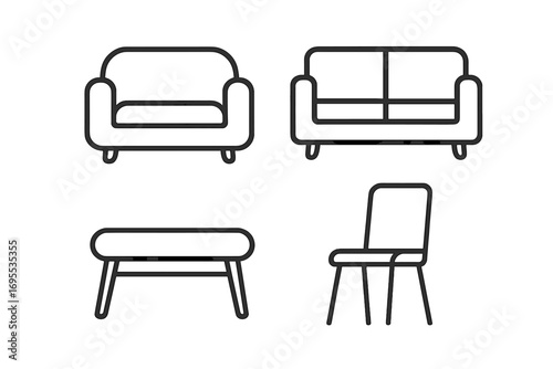 Furniture line icon set. Couch, sofa, armchair, ottoman, chair, table. Minimalist outline pictogram for home interior design. Editable stroke vector illustration.