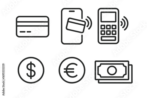 Minimalist payment icons in line art style, including credit card, mobile payment, POS terminal, dollar and euro currency symbols, and cash bills vector illustration