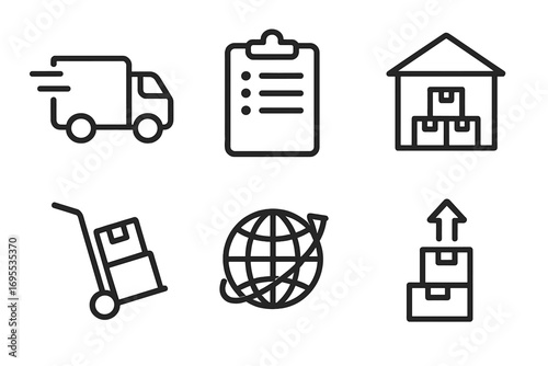 Minimalist line icons of logistics and warehouse concepts, delivery truck, checklist, warehouse storage, package trolley, global shipping, parcel stacking, vector cartoon illustration set