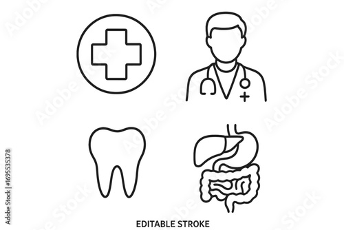 Medical line icon set. Health care symbols. Doctor, dentist, internal organs, clinic cross pictogram. Minimalistic linear vector icons with editable stroke for web, apps.
