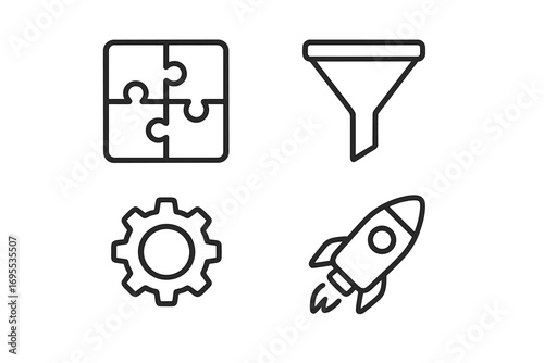 Business process and startup development vector line icon set. Puzzle for strategy, funnel for sales conversion, gear for settings, and rocket for growth and a new project launch.