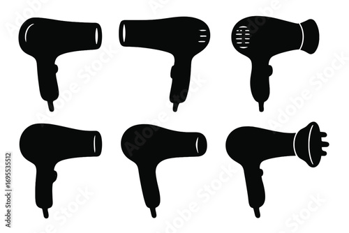 Collection of hair dryer silhouettes. Vector graphic icon set for beauty salon and hairdresser themes. Professional blow-dryer styling tool and hair care appliance.