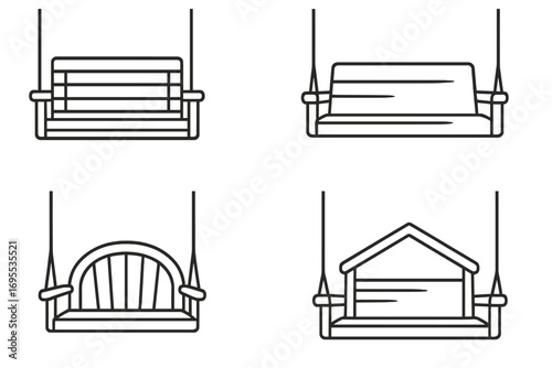 Porch swing line art collection. Minimalist hanging bench and garden swing icon set. Outdoor furniture for patio and backyard relaxation. Vector illustration outline.