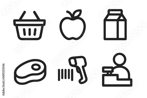 Minimalist shopping icons set with basket, apple fruit, milk carton, steak meat, barcode scanner, and cashier, vector cartoon illustration for retail and supermarket design