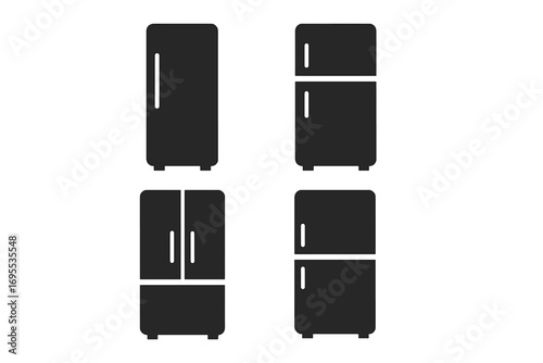 Refrigerator icon set. Simple fridge silhouette collection. Kitchen appliance pictogram. Flat vector illustration of home freezers. Household equipment graphic elements.