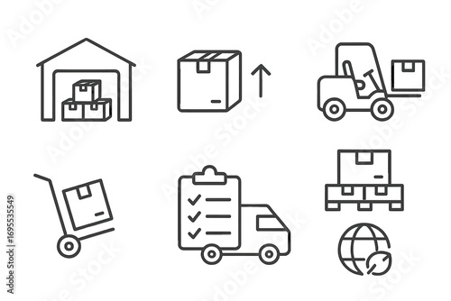 Warehouse and logistics icons set in simple linear style, vector cartoon illustration with transparent background, including boxes, forklift, delivery truck, pallet, cart, and global shipping concept