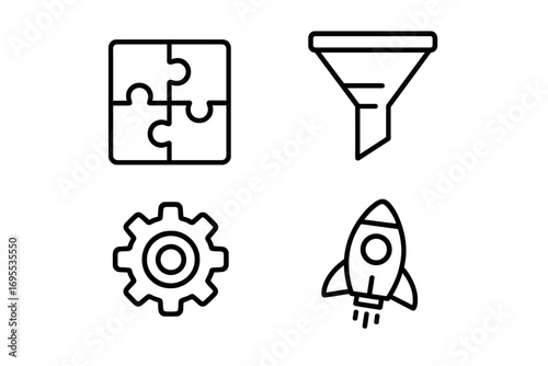 Business process and startup launch line icon set. Vector icons for data analytics, marketing funnel, strategy puzzle, and development gear. Growth, innovation, success concept.