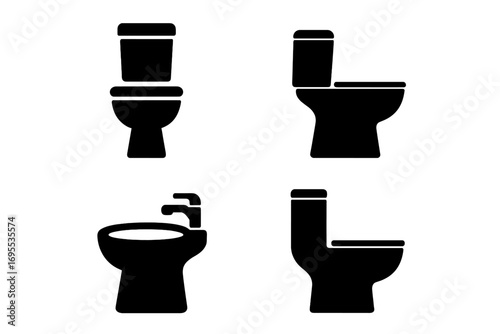 Vector set of black toilet silhouettes. Minimalist bathroom and restroom icon collection. Simple lavatory, WC, and bidet symbols. Sanitary plumbing fixtures illustration.