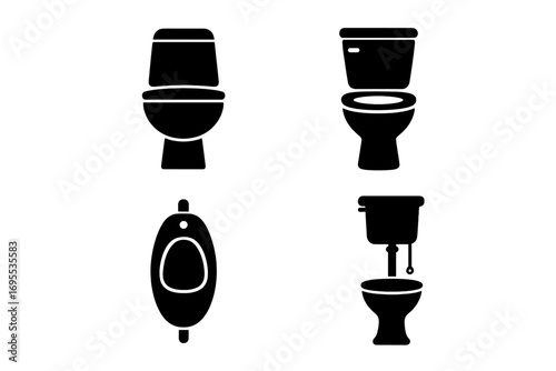 Collection of toilet silhouettes. Minimalist bathroom icons set. Vector illustration of various lavatory and restroom signs. WC, urinal, and toilet bowl symbols.