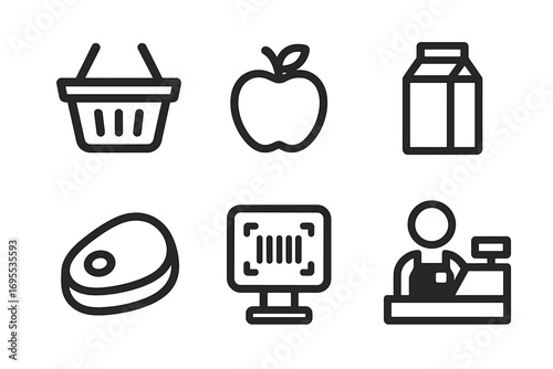 Minimalist shopping icons set with basket, apple, milk carton, steak, barcode scanner, and cashier vector illustration, simple retail and supermarket line art collection with transparent background