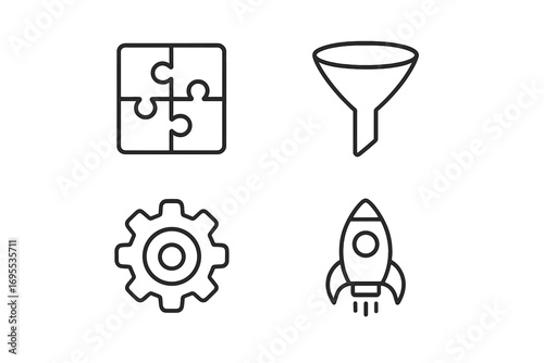 Data analytics and business process outline icon set. Vector pictograms of puzzle for strategy, funnel for filtering, gear for settings, and rocket for startup launch concept.