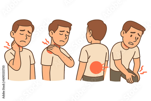 Common body pain locations illustration. Neck pain, shoulder ache, back discomfort, joint pain. Cartoon man with highlighted muscle pain areas. Health and wellness vector concept.