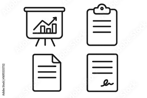 Business documents and data analytics line icon set. Vector icons of presentation chart, financial growth graph, clipboard report, and signed contract for web and app design.