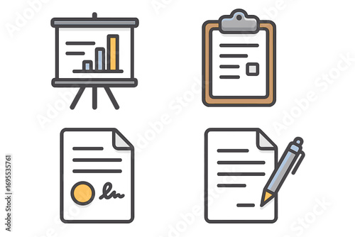Business documents outline icon set. Vector collection of presentation chart, clipboard report, signed contract, and agreement with pen. Simple flat design for web and apps.