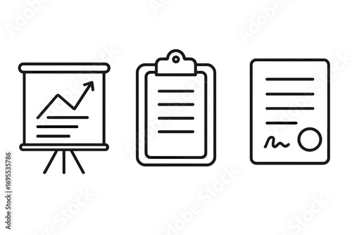 Business icons set in simple line art style. Vector collection of presentation growth chart, clipboard report, and signed contract document for web, app, and graphic design.