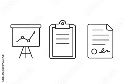 Vector business analytics and management icon set. Linear illustrations of data presentation on flip chart, task list on clipboard, and signed agreement or legal document.
