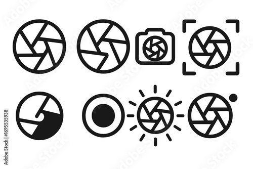 Various aperture icon designs illustrating photography and camera concepts. Vector cartoon illustration set with simple layout, transparent background, photo shutter symbols collection.