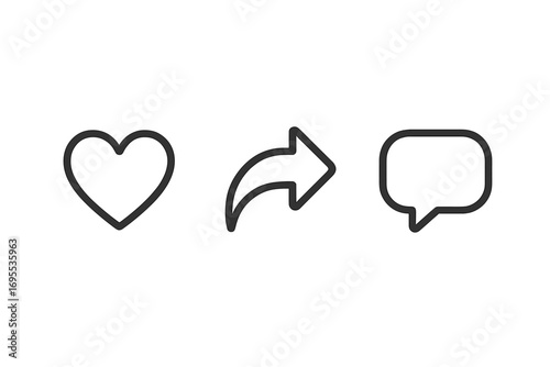 Minimalist social media icons set including heart, share arrow, and speech bubble. Vector cartoon illustration, transparent background. Modern communication, interaction, and networking symbols.