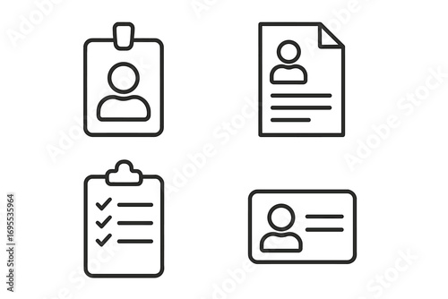 Employee badge, ID card, and personal documents line icon set. Vector symbols for identity, resume, cv, and staff verification. Minimalist pictograms for profile & checklist.